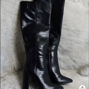 COPY - Black Knee High Crocodile Skin Boots
